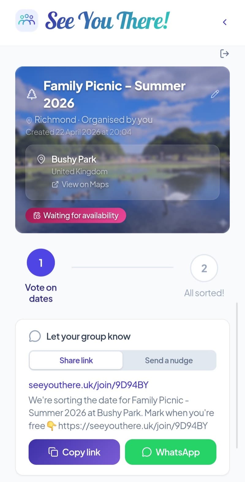A See You There! gathering on a phone — Family Picnic at Bushy Park with the share panel ready to send.