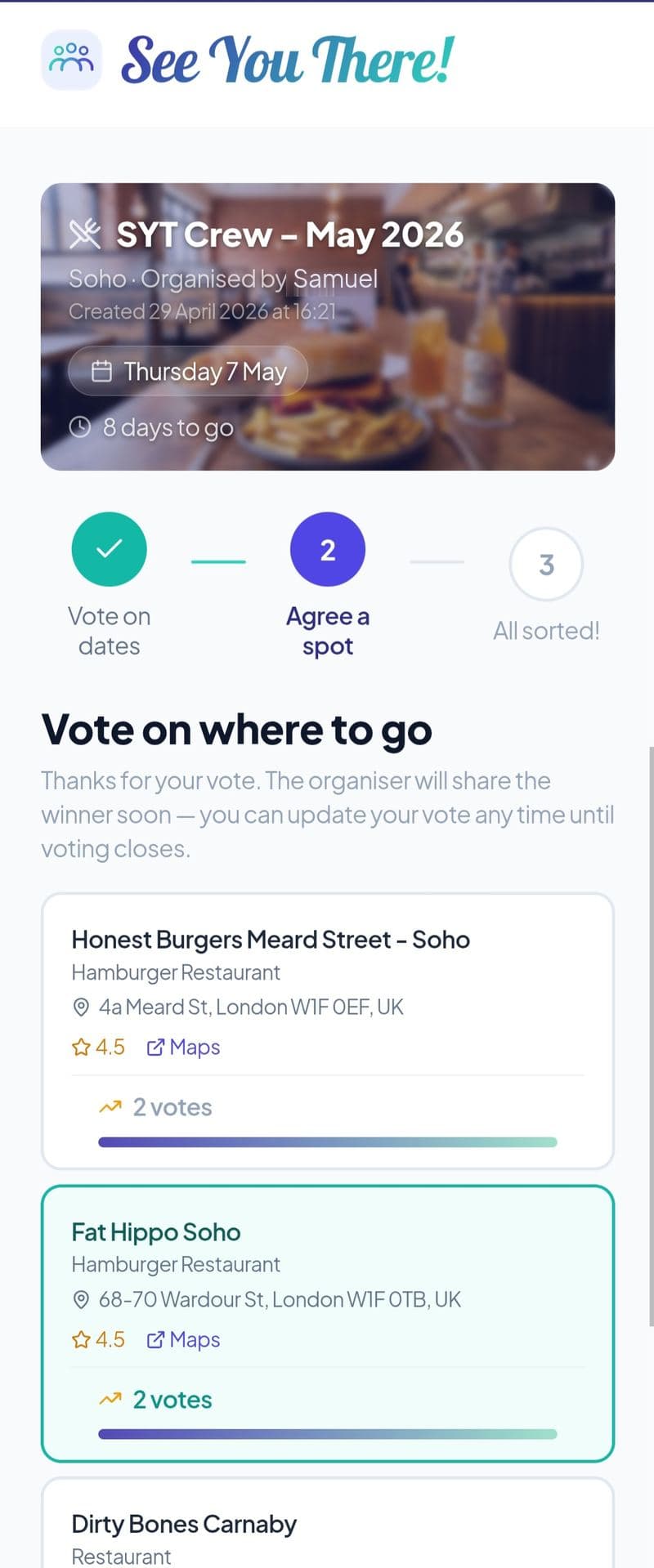Phone-framed screenshot of a See You There! spot voting screen — Honest Burgers, Fat Hippo Soho (selected), and Dirty Bones Carnaby (partially visible at the bottom) with ratings, addresses, vote counts, and progress bars.
