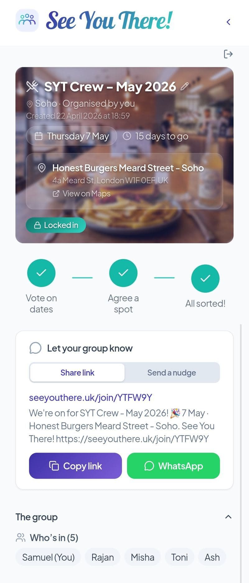 The locked-in See You There! plan — confirmed date and spot in the hero card, share panel with link and WhatsApp button, and the Who's in list of attendees.